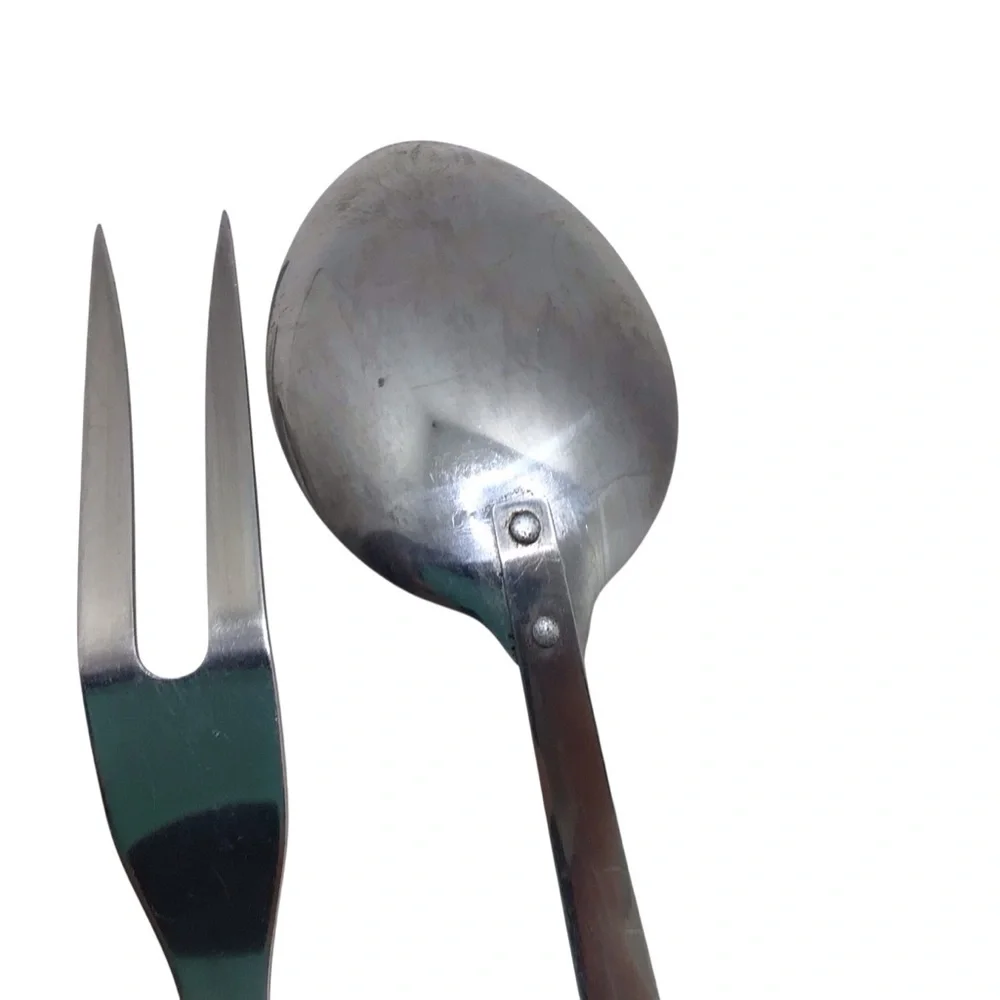 Vintage Japan Stainless Steel 3 Pc Serving Set Wood Handle Spoon Fork Utensils